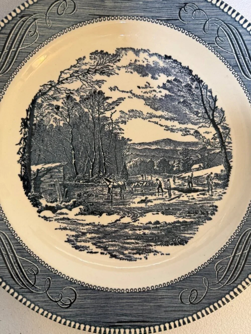 Vintage Currier Ives Blue & White Scenic Transferware Platter Farm Harvest Lands